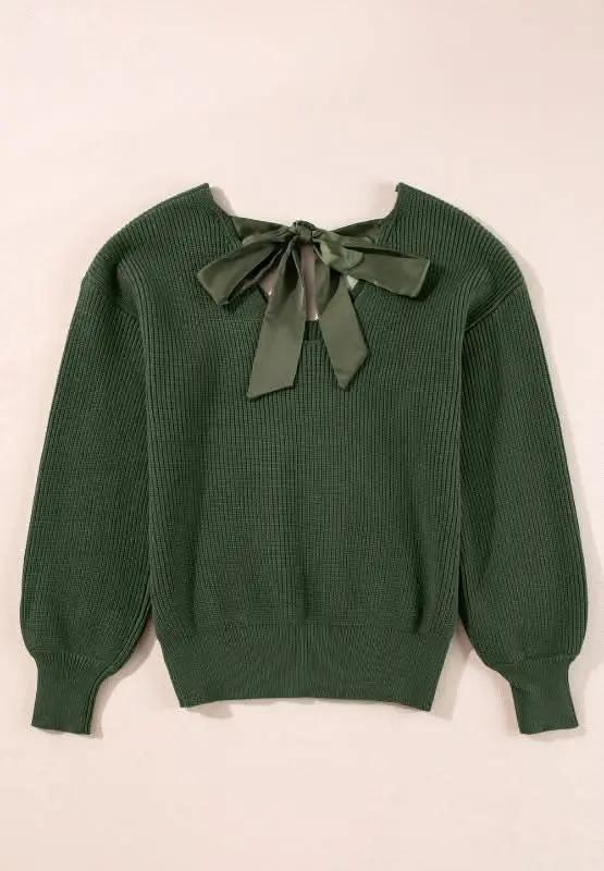 Tied Back V-Neck Long Sleeve Sweater - Love Salve